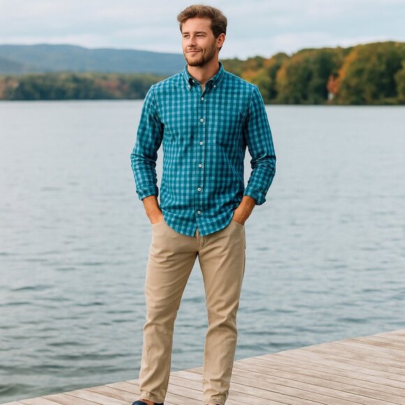 J Crew Men XL Button Down Long Sleeve Blue/Green Plaid Casual‎ Work Dress Shirt - Picture 1 of 8